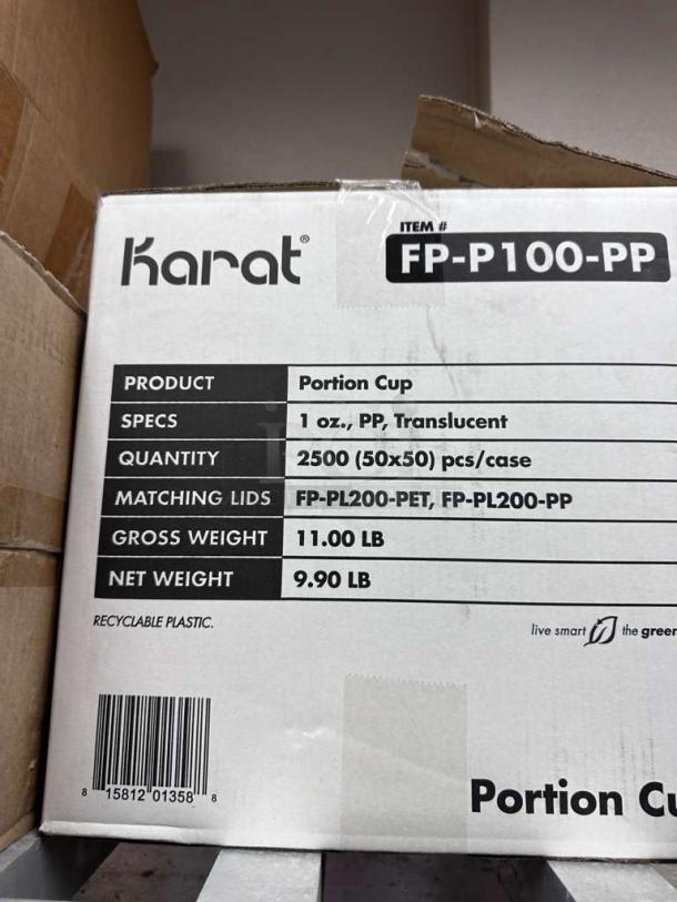 Karat FP-P100-PP 1 oz portion cups in box, 2500 count, clear PP, new condition, for commercial restaurant use.