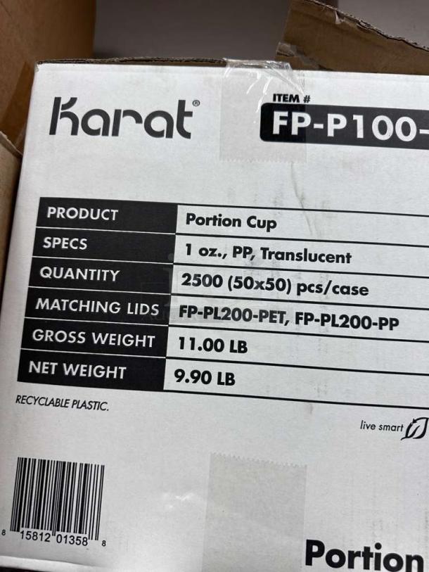 Clear Karat FP-P100-PP 1 oz portion cups, 2500/case. Brand new. Translucent PP, recyclable. Item #: FP-P100-PP.