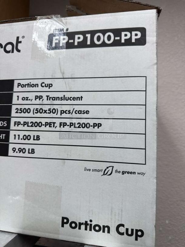 Box of Karat FP-P100-PP 1 oz clear portion cups, 2500 count per case, for commercial use, in brand new condition.