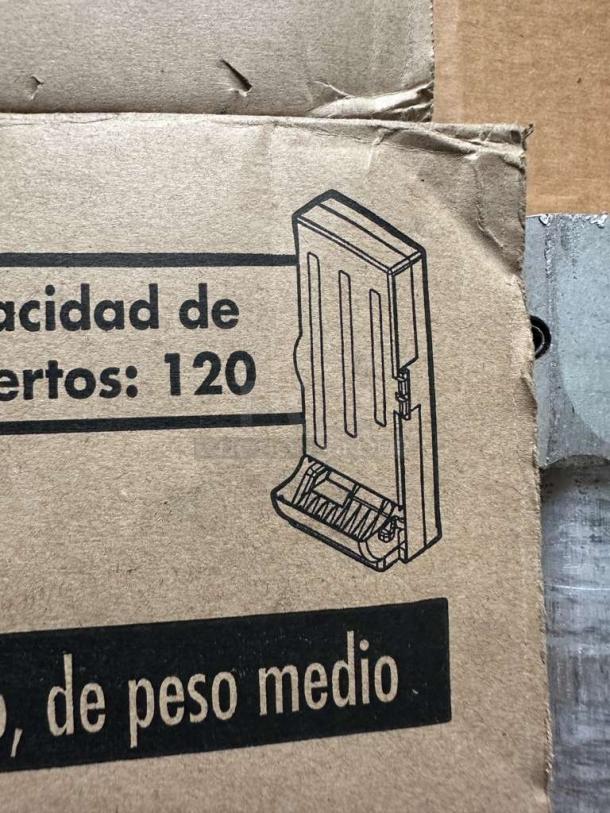 Dixie SmartStock SSSD120 spoon dispenser, smoke finish, holds 120 utensils, new condition, diagram on packaging, model DIX-S-DISP-0845.