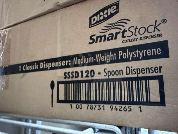Dixie SSSD120 Spoon Dispenser box label, holds 120 utensils, smoke finish, new condition, commercial use.
