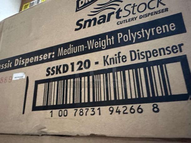 Cardboard box labeled for a Dixie SmartStock SSKD120 Knife Dispenser. Barcode and medium-weight polystyrene details visible.
