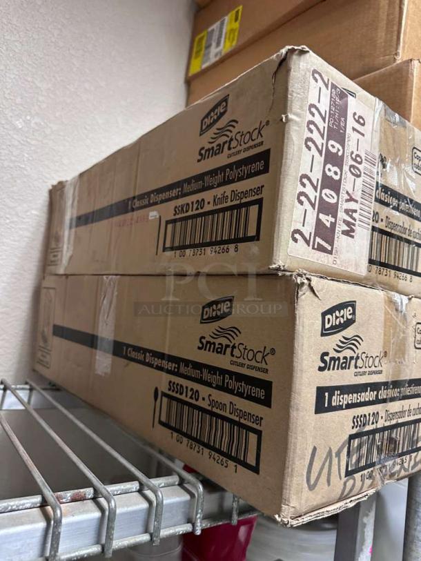 Dixie SmartStock SSSD120 Spoon Dispenser boxes, holds 120 utensils, smoke finish, new condition, model marked on box.