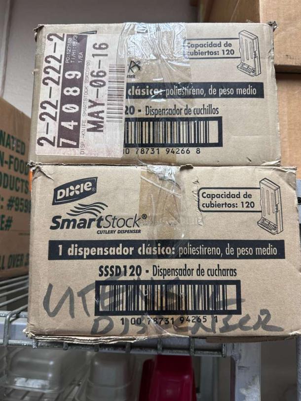 Dixie SmartStock SSSD120 Spoon Dispenser, smoke finish, holds 120 utensils, new, shown in original boxes with branding and labels.