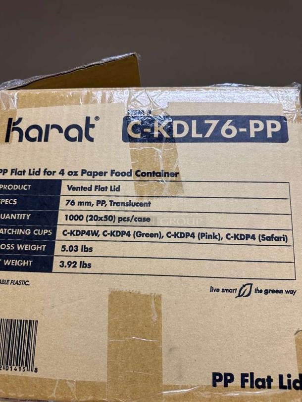 Karat C-KDL76-PP vented flat lids, 76mm, PP translucent, 1000/case. Immaculate condition, ideal for 4 oz containers.