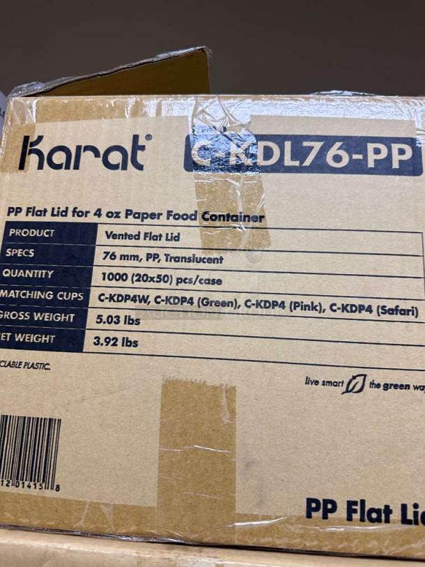 Karat C-KDL76-PP 76mm vented flat lids in a sealed case, 1000 count, translucent PP, new condition.
