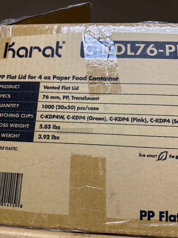 Karat C-KDL76-PP 76mm vented flat lids, PP translucent, 1000/case, new condition, compatible with 4 oz containers.