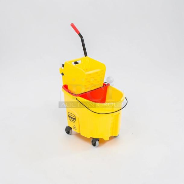 Rubbermaid WaveBrake 35 Qt. mop bucket, yellow, side press wringer, dirty water separator, superb condition, on casters.