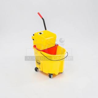 Rubbermaid WaveBrake 35 Qt. mop bucket, yellow, side press wringer, dirty water separator, superb condition, on casters.
