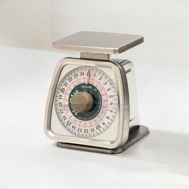 Pristine Taylor TS25KL mechanical portion scale, 25 lb capacity, stainless steel, fully operational, commercial kitchen use.