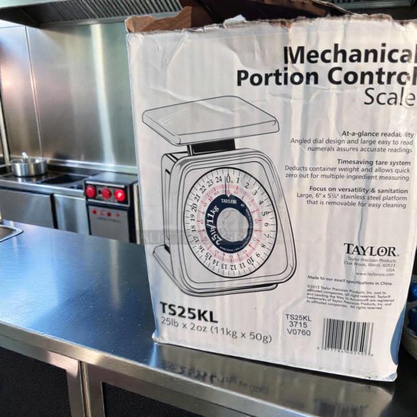 Pristine Taylor TS25KL Mechanical Portion Control Scale, 25 lb capacity, in original box, fully tested and operational.