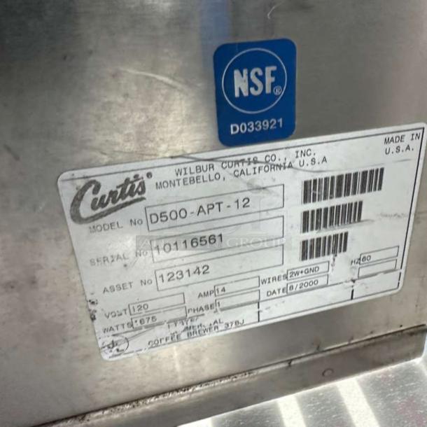 NSF-certified Curtis D500GT12A000 label, serial 10116561, 120V, USA-made commercial coffee brewer.