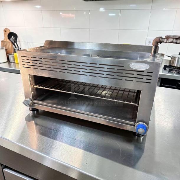 Atosa ATCM-36 gas cheesemelter, dual infrared burners, stainless steel, superior condition, model info visible, fully tested.