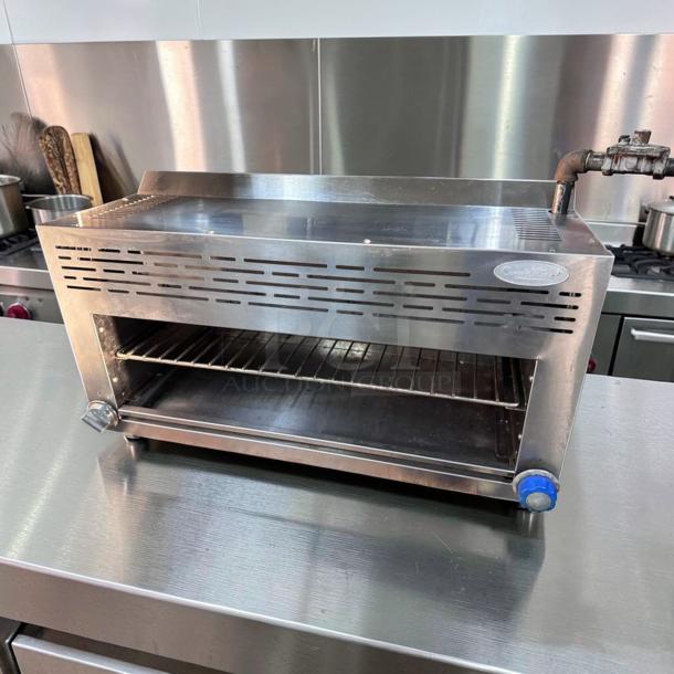 Atosa ATCM-36 gas cheesemelter, stainless steel, dual infrared burners, excellent condition, CookRite branding visible.