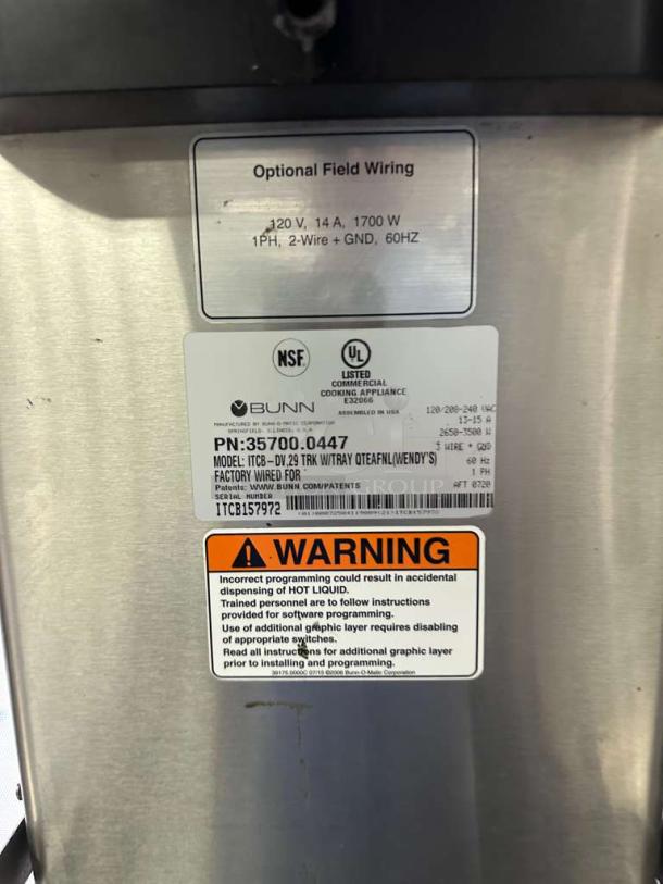 Bunn ITCB-DV Infusion Series coffee brewer, dual voltage, digital control, airpot system, excellent condition, labels visible.