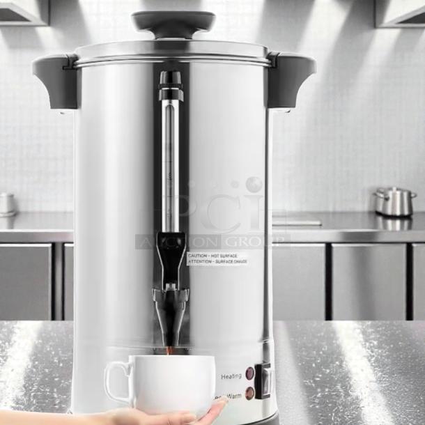 SYBO 100 Cup Coffee Urn, 16L stainless steel, immaculate condition, with operational indicator lights, model SYBO-S-URN-0856.