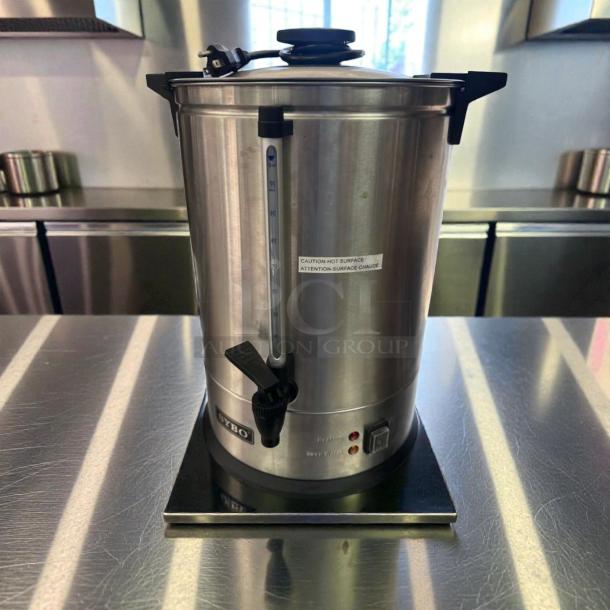 SYBO 100 Cup Commercial Coffee Urn in stainless steel, immaculate condition, with spigot and water level indicator, model SYBO-S-URN-0856.