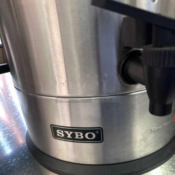 SYBO 100 Cup Coffee Urn, stainless steel, model SYBO-S-URN-0856, pristine condition, 16L capacity, visible SYBO label.