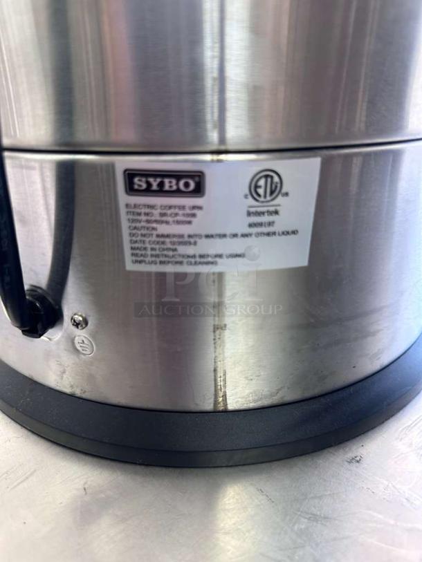 SYBO 100 Cup Coffee Urn, stainless steel, model SYBO-S-URN-0856. Immaculate condition with label showing specifications.