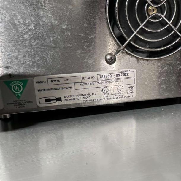 Carter-Hoffmann M212S-2T modular holding cabinet label, serial 788759-052022, 120V 1050W, stainless steel, tested operational.
