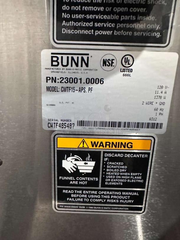 Bunn CWTF15-APS Coffee Brewer label showing model info and safety warnings. Outstanding condition, fully tested.