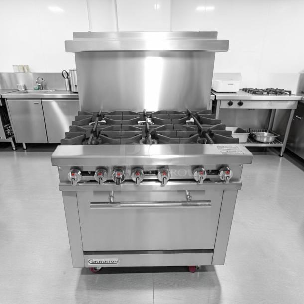 Connerton CN36-6_LP commercial gas range, 36" wide, 6 burners, oven base, stainless steel, excellent condition, fully tested.