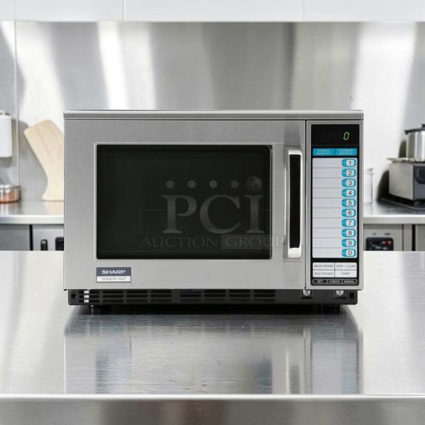 Sharp R22GTF Commercial Microwave, 1,200W, stainless steel, 20 programmable buttons, superior condition, tested operational.