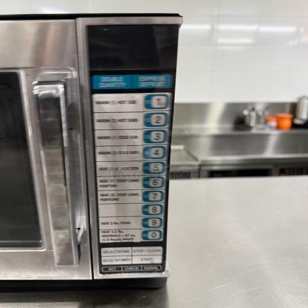 Sharp R22GTF commercial microwave, 1,200W, 20 programmable memories, stainless steel, superior condition, tested operational.