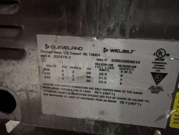 Cleveland 22CET6.1 SteamChef Convection Steamer label showing volts, amps, and safety instructions.