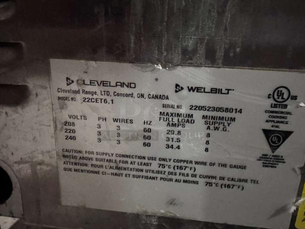Cleveland 22CET6.1 SteamChef Convection Steamer label showing voltage, amps, and UL certification details.