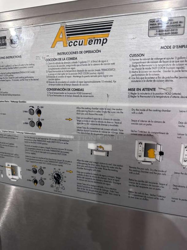 AccuTemp Steam'N'Hold™ S62083D150 steamer with operation instructions, 6-pan capacity, stainless steel, tested, 208V/3PH.