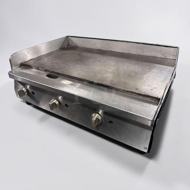 36" stainless steel commercial gas griddle, excellent condition, heavy-duty, with three control knobs, model GRD-M-GAS-0868.