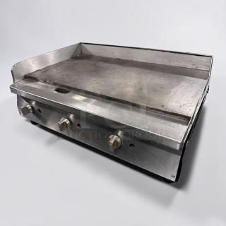 36" stainless steel commercial gas griddle, excellent condition, heavy-duty, with three control knobs, model GRD-M-GAS-0868.