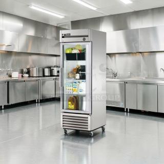 True T-23G-HC reach-in refrigerator, 27" glass door, stainless steel, exceptional condition, 115V, fully tested, commercial use.
