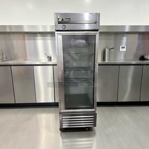True T-23G-HC reach-in refrigerator, 27" glass door, stainless steel, excellent condition, commercial-grade, 115V.