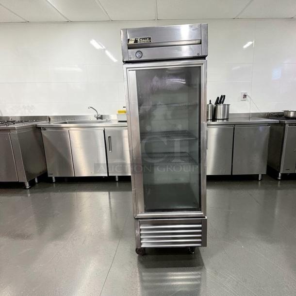 True T-23G-HC Reach-In Refrigerator, 27" glass door, stainless steel, exceptional condition, commercial use, 115V.