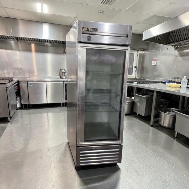 True T-23G-HC reach-in refrigerator, 27" glass door, stainless steel, fully operational, commercial use.