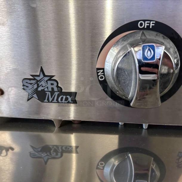 Star Ultra-Max 8148RCBB charbroiler in stainless steel. Features include easy-to-use control knob with on/off markings.