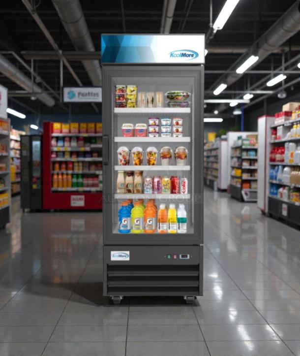 KoolMore glass merchandiser refrigerator, model MDR-1GD-23C, brand-new, scratch & dent condition, single door display.