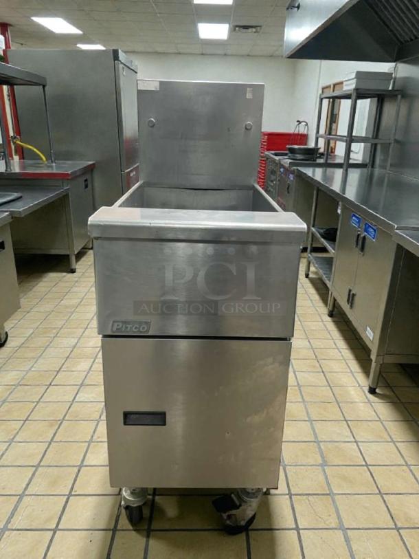 Pitco commercial gas floor fryer, natural gas, outstanding condition, fully tested and working, stainless steel finish.
