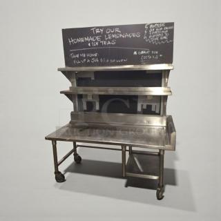 Custom stainless steel dessert and beverage display station, commercial grade, on wheels. Inspected, ready for use. Chalkboard menu.