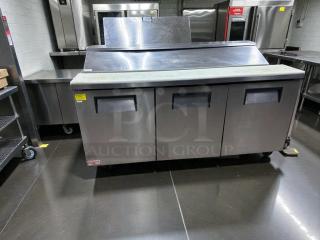 True TSSU-72-18 refrigerated sandwich prep table, 72", 3 doors, stainless steel, high-grade condition, NSF & UL listed.