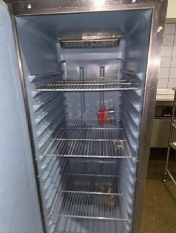 Delfield commercial single door reach-in refrigerator, stainless steel, premium condition, model DLF-L-REF-0473, interior view.