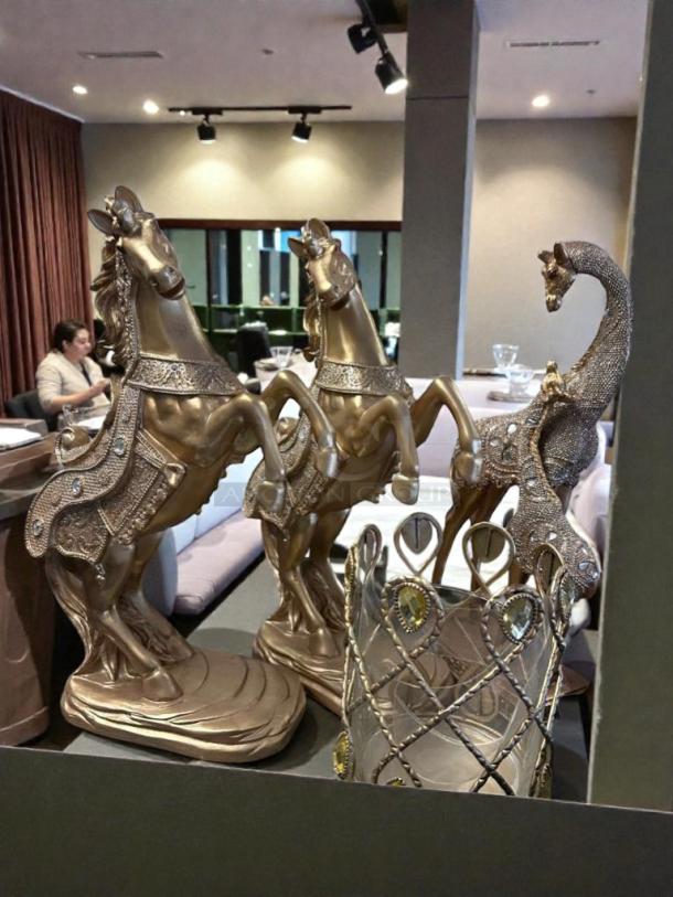 Decorative gold horse and peacock statue set by Decorative Accent Collection, like-new condition, elegant accent décor.