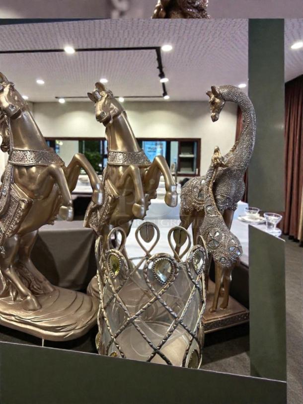 Decorative Gold Horse & Peacock Statue Set, elegant design, outstanding condition, ready for display, model DEC-S-STAT-0594.