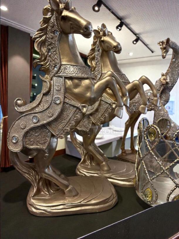 Decorative Gold Horse & Peacock Statue Set from Decorative Accent Collection; excellent condition, intricate detailing.