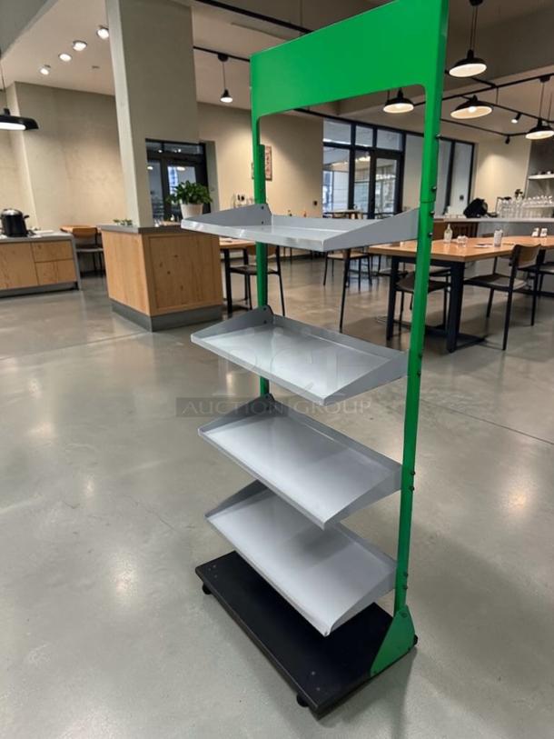 Commercial 4-tier gondola display shelf, prime condition, heavy-duty construction, inspected, ready for use.