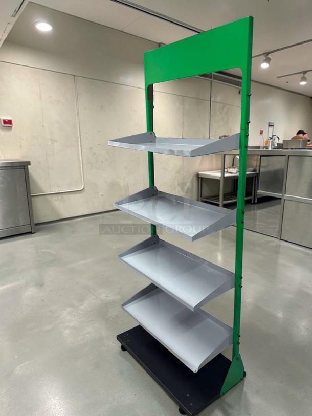 4-tier commercial gondola display shelf, prime condition, heavy-duty construction, green frame, model RET-S-SHLF-0584.