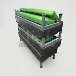 Commercial restaurant booth seating, superb condition, upholstered vinyl cushions, heavy-duty metal frame, inspected, model FUR-L-BOOTH-0585.