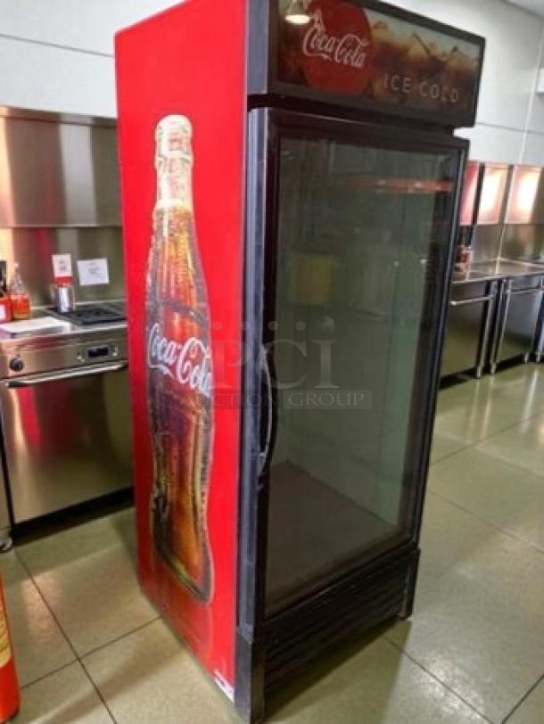 True GDM-26-HC-TSL01 commercial glass door merchandiser refrigerator, Coca-Cola branding, premium condition, UL listed.